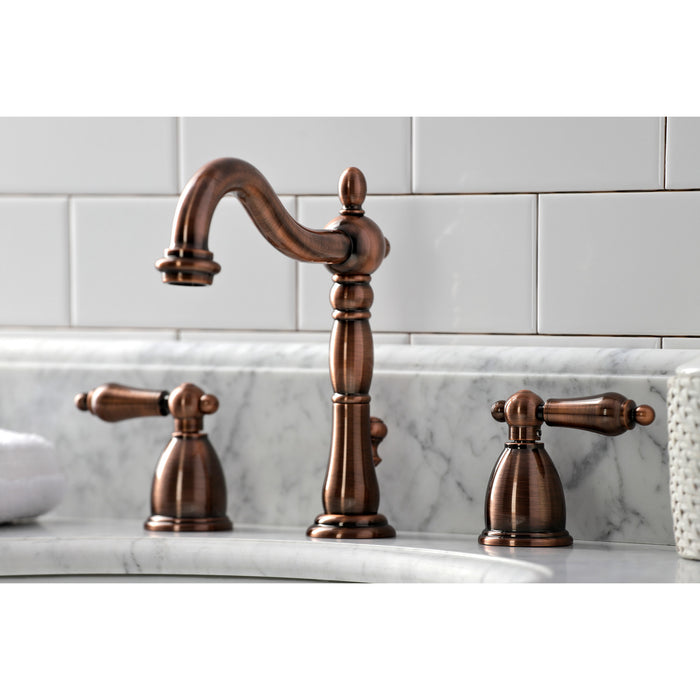Heritage KB197ALAC Two-Handle 3-Hole Deck Mount Widespread Bathroom Faucet with Brass Pop-Up, Antique Copper