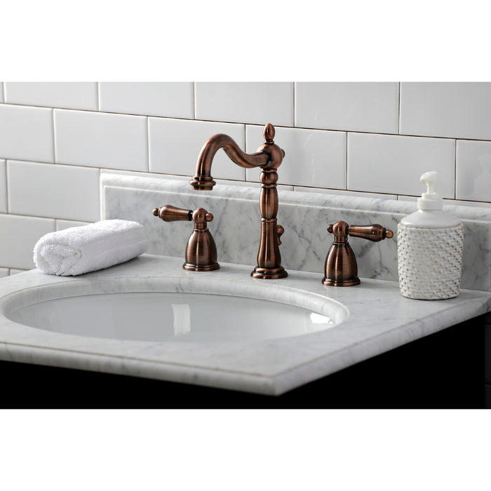 Heritage KB197ALAC Two-Handle 3-Hole Deck Mount Widespread Bathroom Faucet with Brass Pop-Up, Antique Copper