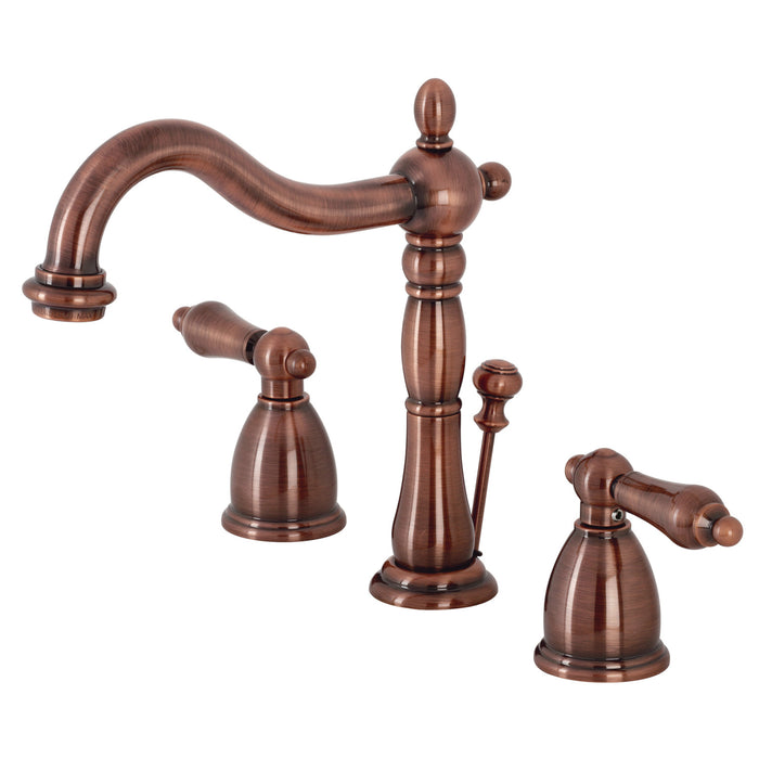 Heritage KB197ALAC Two-Handle 3-Hole Deck Mount Widespread Bathroom Faucet with Brass Pop-Up, Antique Copper