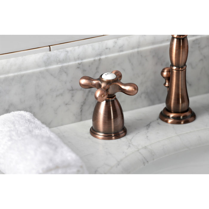 Heritage KB197AXAC Two-Handle 3-Hole Deck Mount Widespread Bathroom Faucet with Brass Pop-Up, Antique Copper