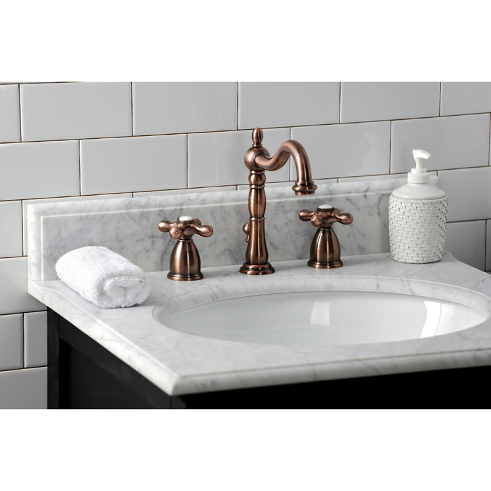 Kingston Heirloom KB197AXAC - Heritage Two-Handle 3-Hole Deck Mount Widespread Bathroom Faucet with Brass Pop-Up, Antique Copper