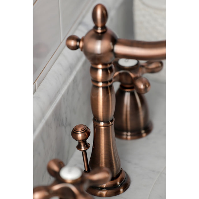 Heritage KB197AXAC Two-Handle 3-Hole Deck Mount Widespread Bathroom Faucet with Brass Pop-Up, Antique Copper