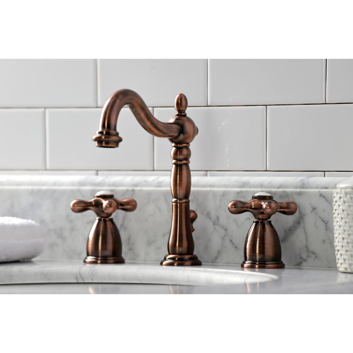 Kingston Heirloom KB197AXAC - Heritage Two-Handle 3-Hole Deck Mount Widespread Bathroom Faucet with Brass Pop-Up, Antique Copper