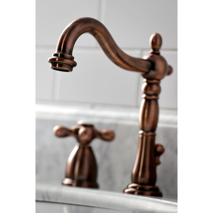 Kingston Heirloom KB197AXAC - Heritage Two-Handle 3-Hole Deck Mount Widespread Bathroom Faucet with Brass Pop-Up, Antique Copper