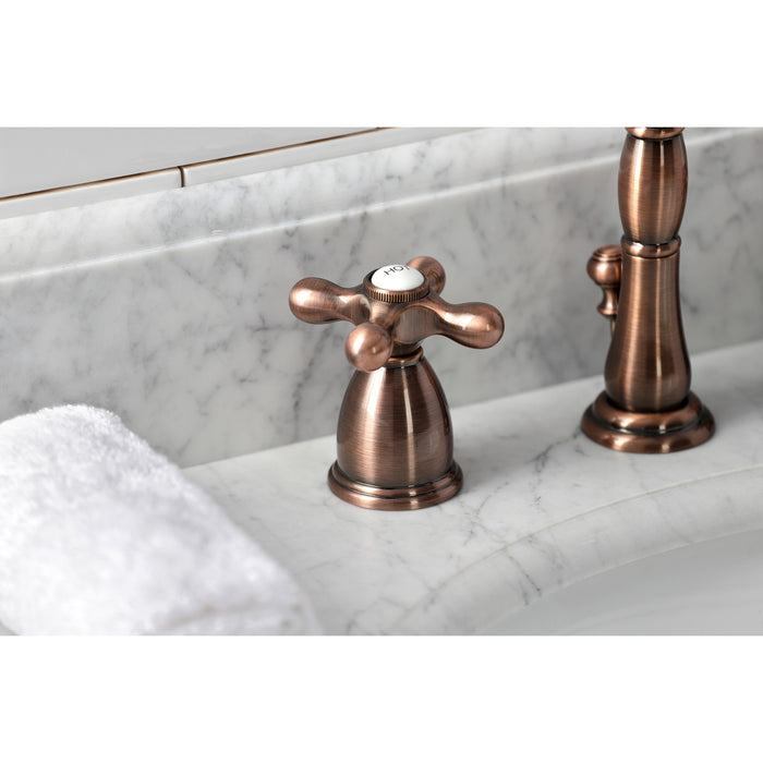 Kingston Heirloom KB197AXAC - Heritage Two-Handle 3-Hole Deck Mount Widespread Bathroom Faucet with Brass Pop-Up, Antique Copper