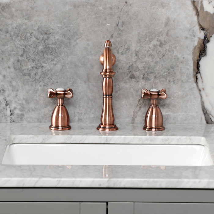Kingston Heirloom KB197BEXAC - Essex Two-Handle 3-Hole Deck Mount Widespread Bathroom Faucet with Brass Pop-Up, Antique Copper