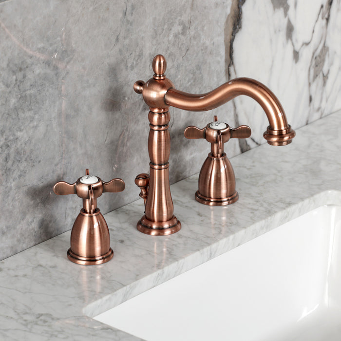 Kingston Heirloom KB197BEXAC - Essex Two-Handle 3-Hole Deck Mount Widespread Bathroom Faucet with Brass Pop-Up, Antique Copper