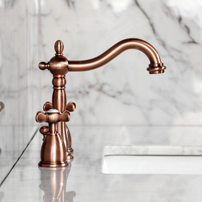 Kingston Heirloom KB197BEXAC - Essex Two-Handle 3-Hole Deck Mount Widespread Bathroom Faucet with Brass Pop-Up, Antique Copper