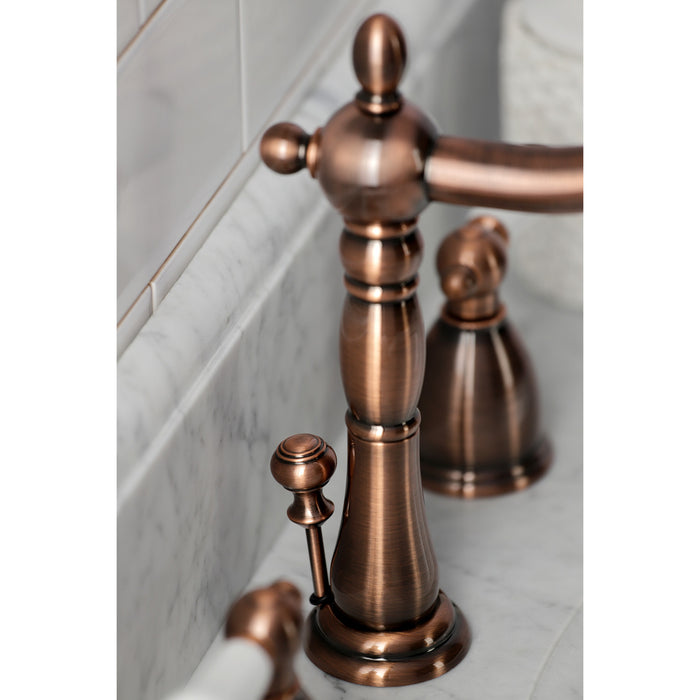 Heritage KB197PLAC Two-Handle 3-Hole Deck Mount Widespread Bathroom Faucet with Brass Pop-Up, Antique Copper