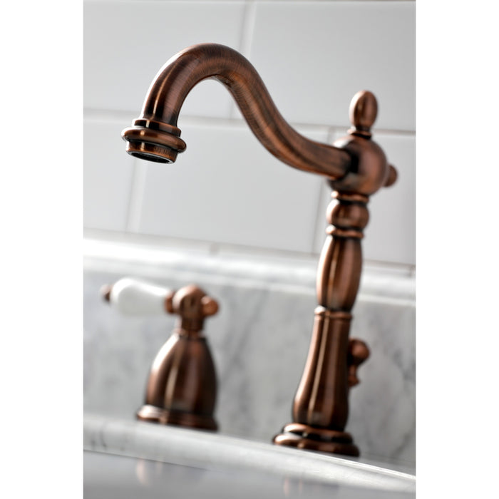 Heritage KB197PLAC Two-Handle 3-Hole Deck Mount Widespread Bathroom Faucet with Brass Pop-Up, Antique Copper