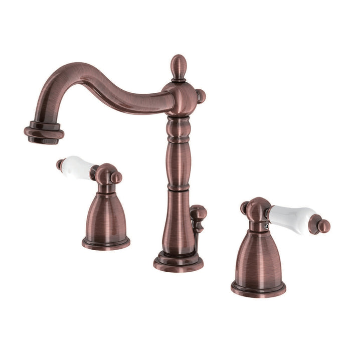 Kingston Heirloom KB197PLAC - Heritage Two-Handle 3-Hole Deck Mount Widespread Bathroom Faucet with Brass Pop-Up, Antique Copper
