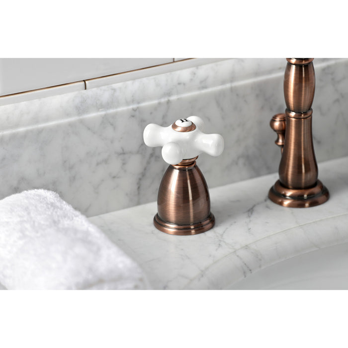 Heritage KB197PXAC Two-Handle 3-Hole Deck Mount Widespread Bathroom Faucet with Brass Pop-Up, Antique Copper