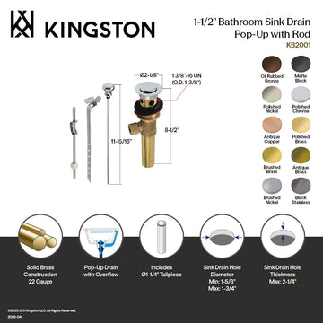 Kingston Brass Eugene Tip-Toe Tub Drain Conversion Kit - Brushed Nickel, Easy Push-to-Close Drain