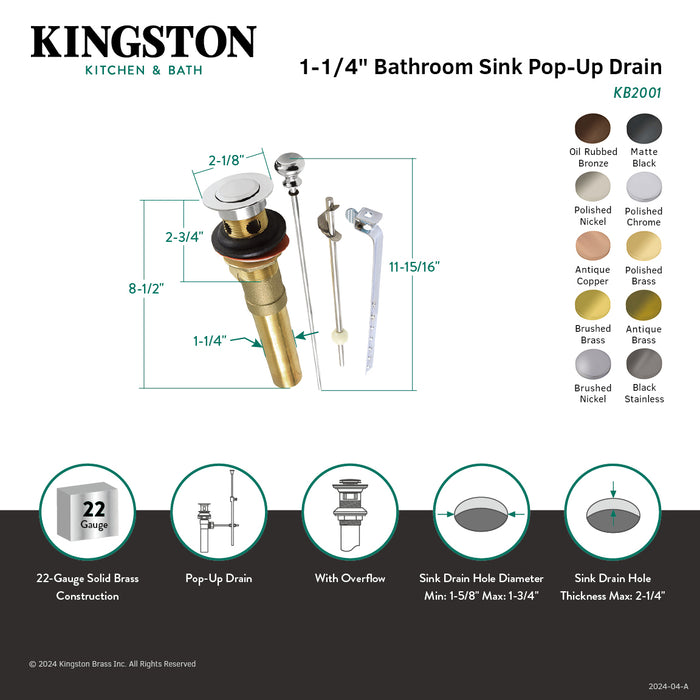 Trimscape KB2003AN Brass Pop-Up Bathroom Sink Drain with Overflow, 22 Gauge, Black Stainless