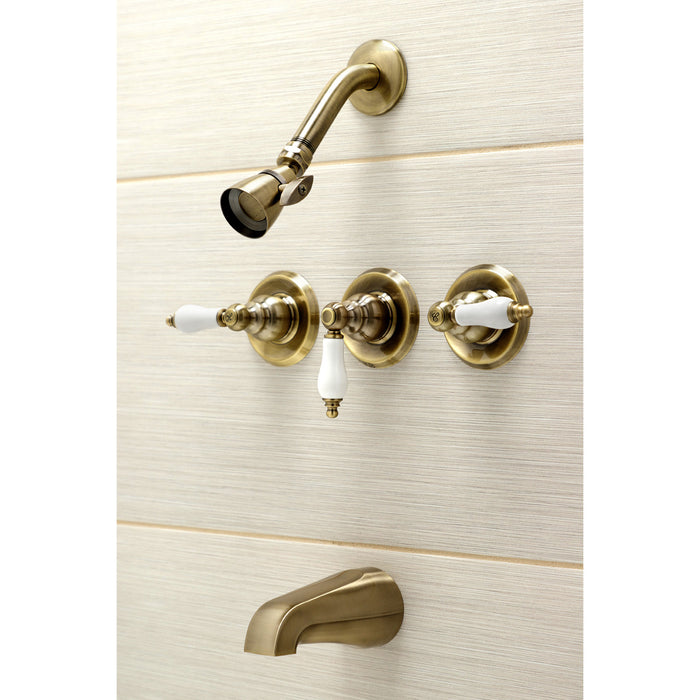 Kingston Heirloom KB233PLAB - Victorian Triple-Handle Tub and Shower Faucet, Antique Brass