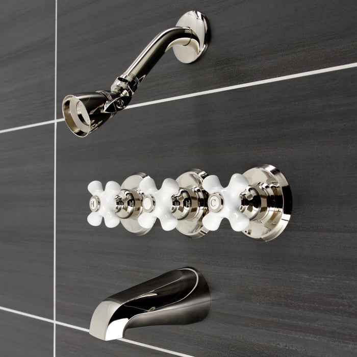 Kingston Heirloom KB236PXPN - Victorian Triple-Handle Tub and Shower Faucet, Polished Nickel