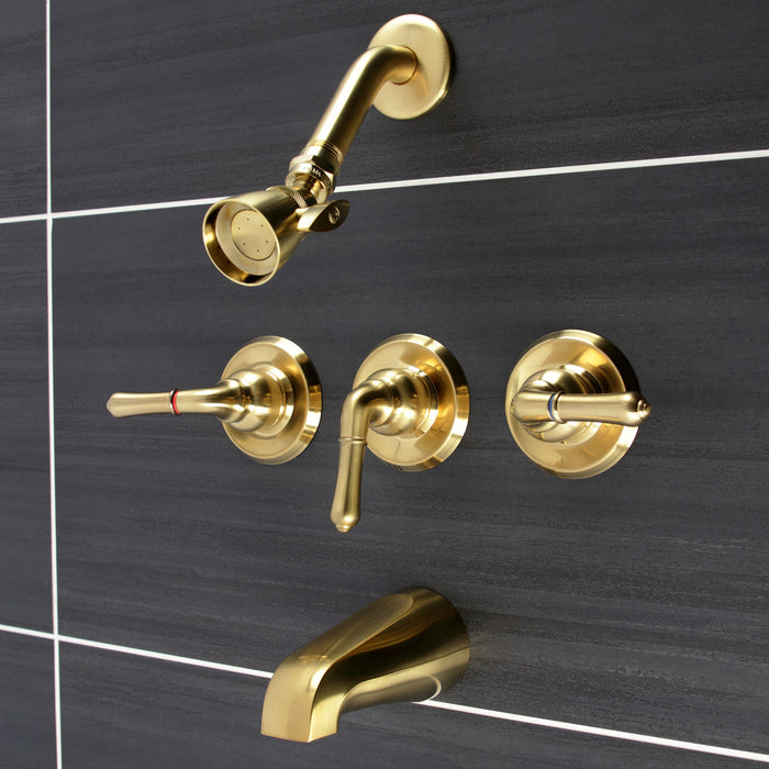 Kingston Tulare KB237 - Magellan Triple-Handle Tub and Shower Faucet, Brushed Brass