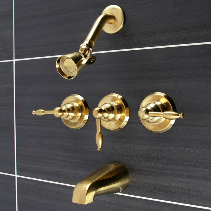 Kingston Heirloom KB237KL - Knight Triple-Handle Tub and Shower Faucet, Brushed Brass