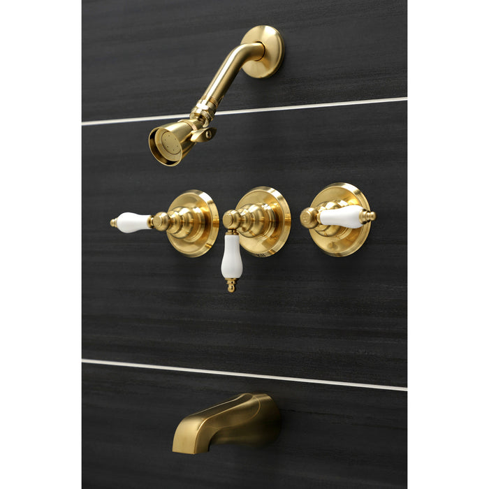 Kingston Heirloom KB237PL - Victorian Triple-Handle Tub and Shower Faucet, Brushed Brass