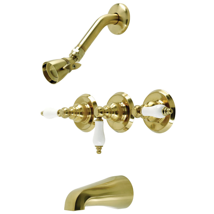 Kingston Heirloom KB237PL - Victorian Triple-Handle Tub and Shower Faucet, Brushed Brass