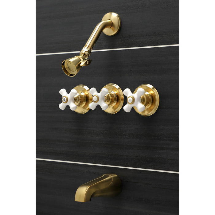 Kingston Heirloom KB237PX - Victorian Triple-Handle Tub and Shower Faucet, Brushed Brass
