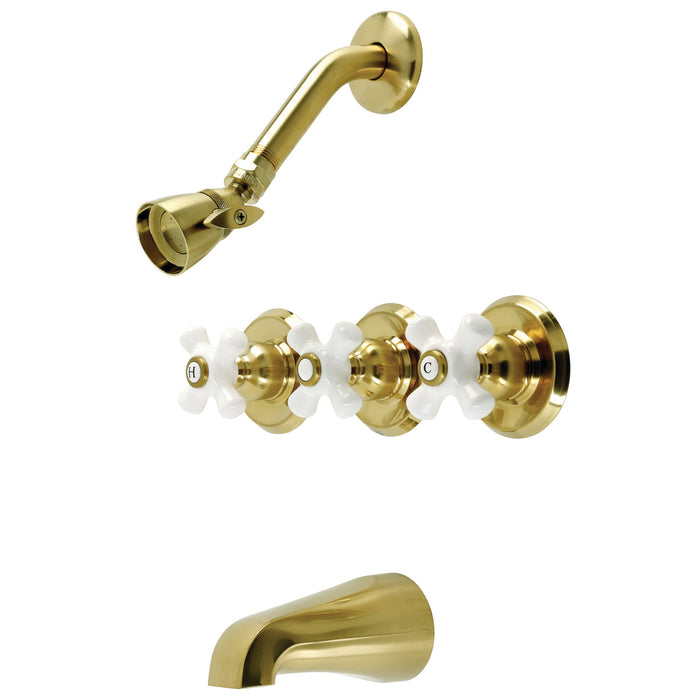 Kingston Heirloom KB237PX - Victorian Triple-Handle Tub and Shower Faucet, Brushed Brass