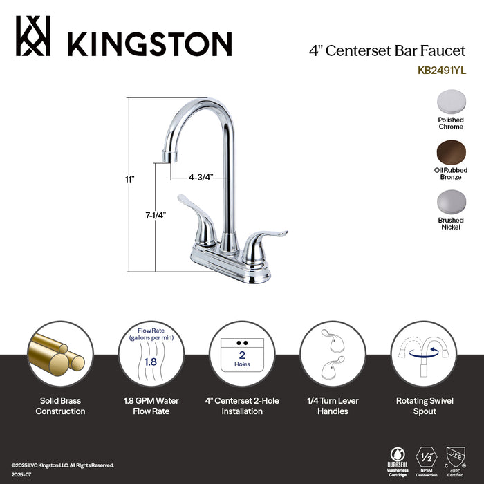 Kingston Tulare KB2498YL - Yosemite Two-Handle 2-Hole Deck Mount Bar Faucet, Brushed Nickel