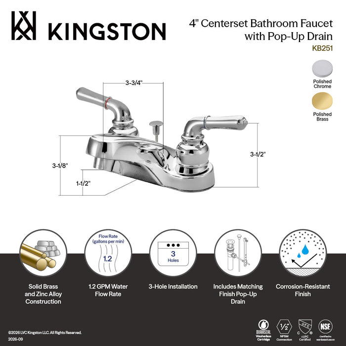 Kingston Tulare KB251 - Magellan Double-Handle 3-Hole Deck Mount 4-Inch Centerset Bathroom Faucet with ABS Pop-Up Drain, Polished Chrome