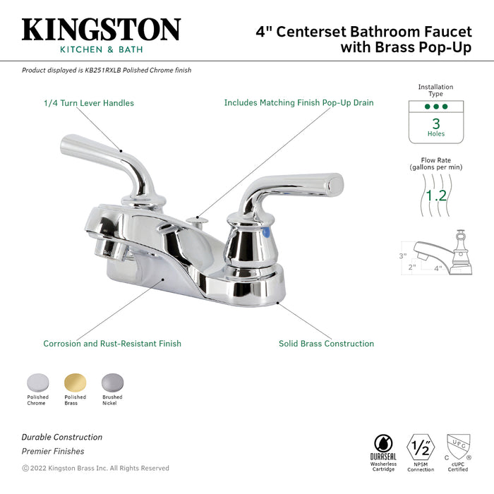 Kingston Tulare KB251RXLB - Restoration Double-Handle 3-Hole Deck Mount 4-Inch Centerset Bathroom Faucet with Brass Pop-Up, Polished Chrome
