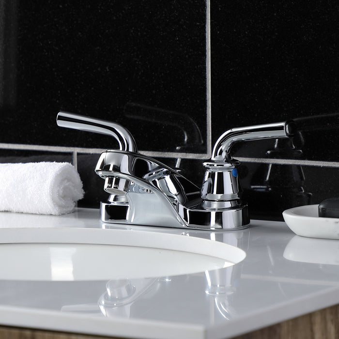 Kingston Tulare KB251RXLB - Restoration Double-Handle 3-Hole Deck Mount 4-Inch Centerset Bathroom Faucet with Brass Pop-Up, Polished Chrome