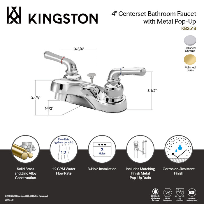 Kingston Tulare KB252B - Magellan Double-Handle 3-Hole Deck Mount 4-Inch Centerset Bathroom Faucet with Brass Pop-Up, Polished Brass