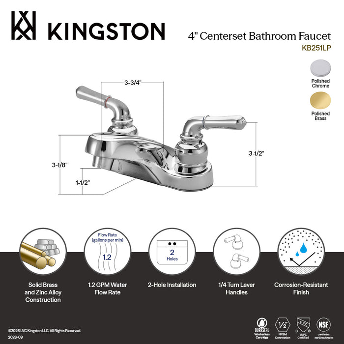Kingston Heirloom KB252LP - Magellan Double-Handle 3-Hole Deck Mount 4-Inch Centerset Bathroom Faucet, Polished Brass