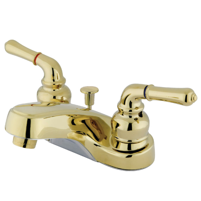 Kingston Tulare KB252 - Magellan Double-Handle 3-Hole Deck Mount 4-Inch Centerset Bathroom Faucet with ABS Pop-Up Drain, Polished Brass