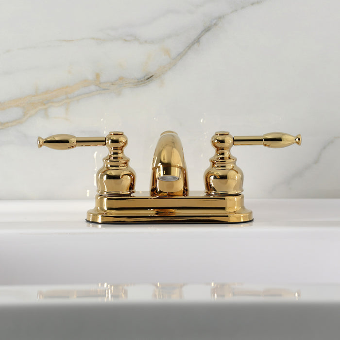 Kingston Tulare KB2602KL - Knight Double-Handle 3-Hole Deck Mount 4-Inch Centerset Bathroom Faucet with Pop-Up Drain, Polished Brass