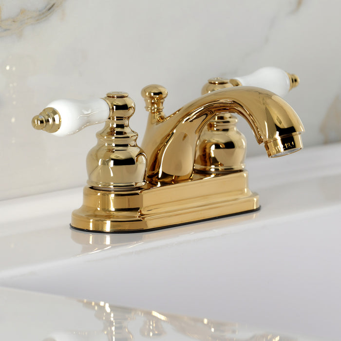Kingston Heirloom KB2602PL - Vintage Double-Handle 3-Hole Deck Mount 4-Inch Centerset Bathroom Faucet with Pop-Up Drain, Polished Brass