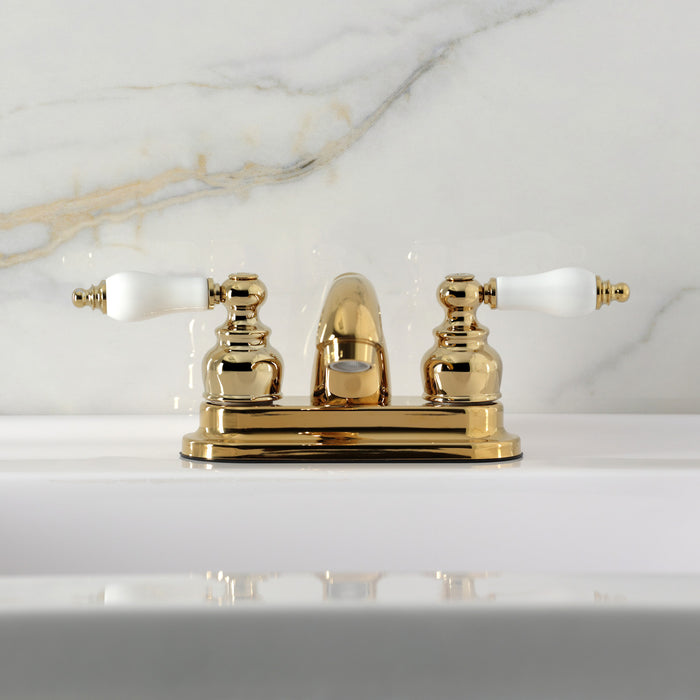 Kingston Heirloom KB2602PL - Vintage Double-Handle 3-Hole Deck Mount 4-Inch Centerset Bathroom Faucet with Pop-Up Drain, Polished Brass