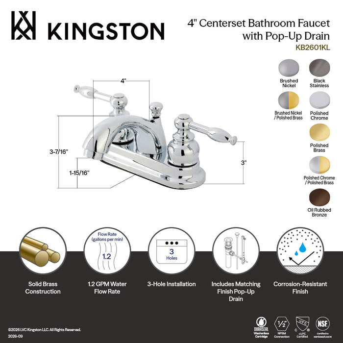 Kingston Tulare KB2609KL - Knight Double-Handle 3-Hole Deck Mount 4-Inch Centerset Bathroom Faucet with Pop-Up Drain, Brushed Nickel/Polished Brass