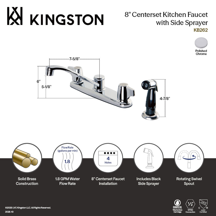 Kingston Magellan KB262 Two-Handle 4-Hole 8" Centerset Kitchen Faucet with Side Sprayer, Polished Chrome