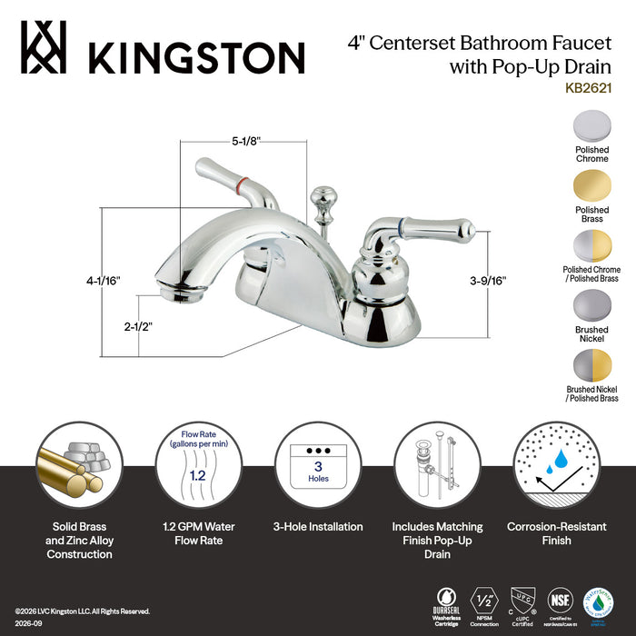 Kingston Tulare KB2622 - Naples Double-Handle 3-Hole Deck Mount 4-Inch Centerset Bathroom Faucet with ABS Pop-Up Drain, Polished Brass