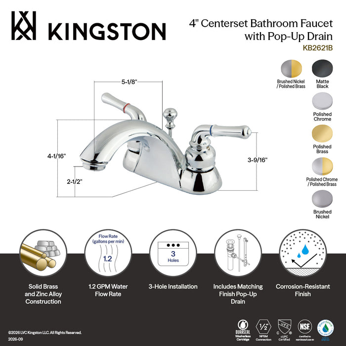 Kingston Tulare KB2628B - Naples Double-Handle 3-Hole Deck Mount 4-Inch Centerset Bathroom Faucet, Brushed Nickel