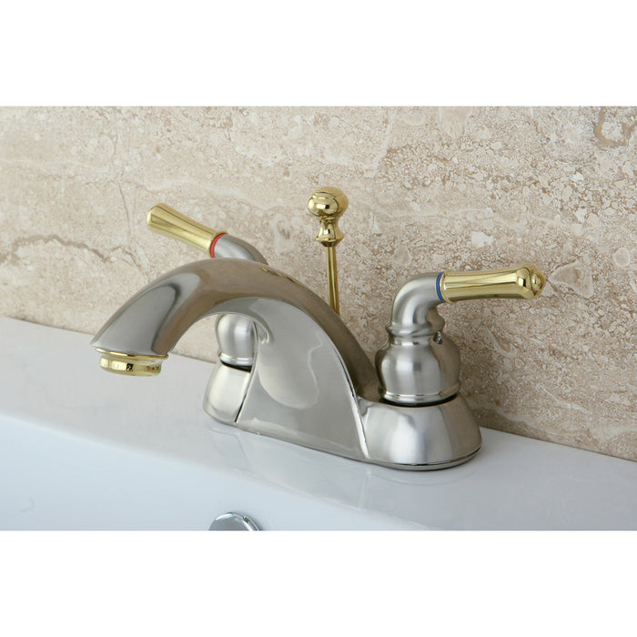 Kingston Tulare KB2629 - Naples Double-Handle 3-Hole Deck Mount 4-Inch Centerset Bathroom Faucet with ABS Pop-Up Drain, Brushed Nickel/Polished Brass