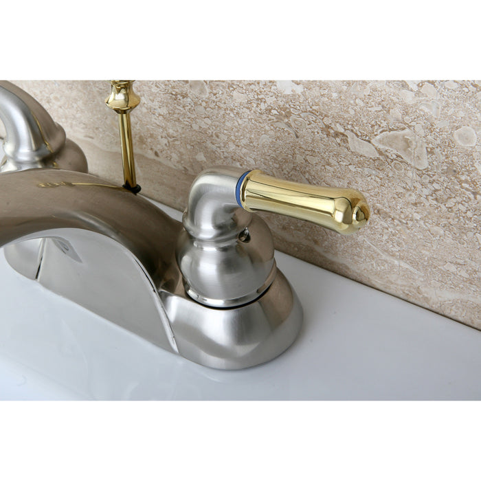 Kingston Tulare KB2629 - Naples Double-Handle 3-Hole Deck Mount 4-Inch Centerset Bathroom Faucet with ABS Pop-Up Drain, Brushed Nickel/Polished Brass