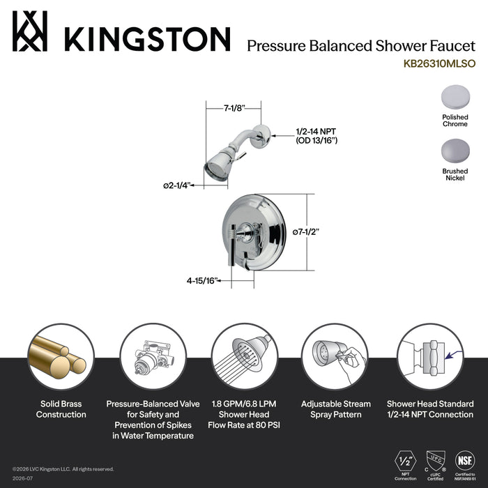 Kingston Tulare KB26310MLSO Single-Handle Pressure Balanced Shower Faucet, Polished Chrome