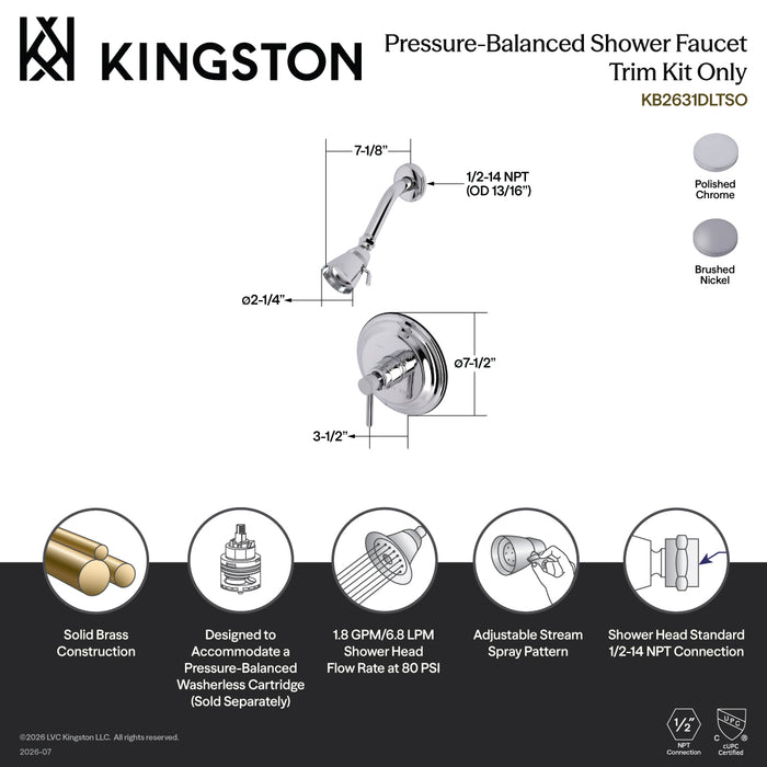 Kingston Tulare KB2631DLTSO Single-Handle Pressure Balanced Shower Faucet, Trim Only, Polished Chrome