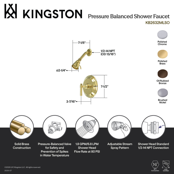 Kingston Tulare KB2631MLSO - Milano Single-Handle Pressure Balanced Shower Faucet, Polished Chrome