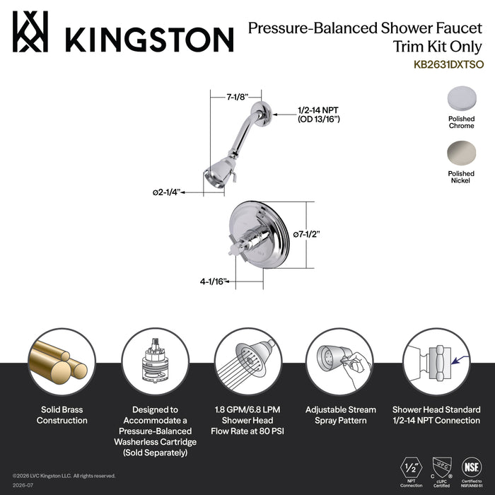 Kingston Tulare KB2636DXTSO - Concord Single-Handle Pressure Balanced Shower Faucet, Trim Only, Polished Nickel