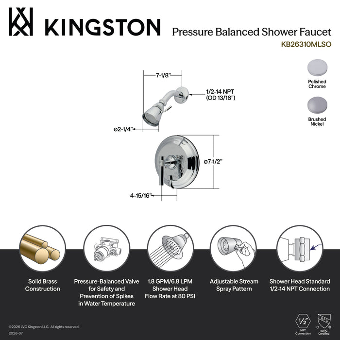 Kingston Tulare KB26380MLSO Single-Handle Pressure Balanced Shower Faucet, Brushed Nickel