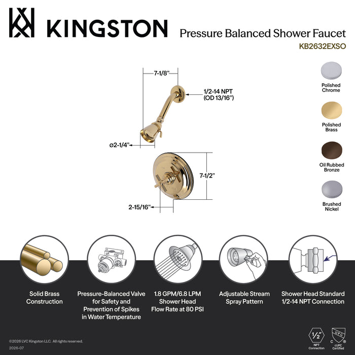 Kingston Tulare KB2638EXSO Single-Handle Pressure Balanced Shower Faucet, Brushed Nickel