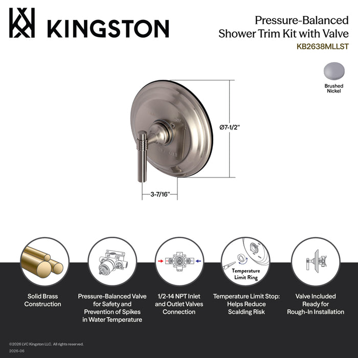 Kingston KB2638MLLST Single-Handle Pressure Balanced Shower Valve and Trim Set, Brushed Nickel (Valve Included)