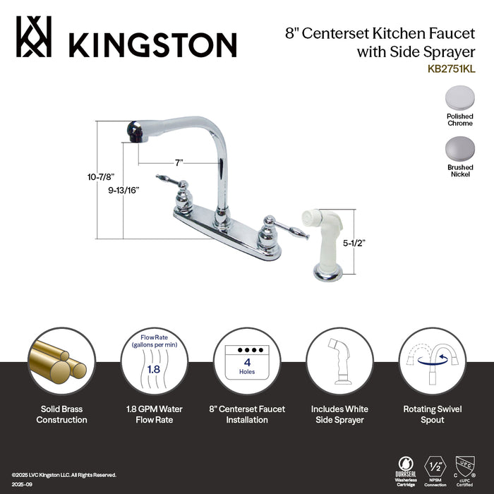 Kingston Tulare KB2751KL - Knight Two-Handle 4-Hole 8" Centerset Kitchen Faucet with Side Sprayer, Polished Chrome
